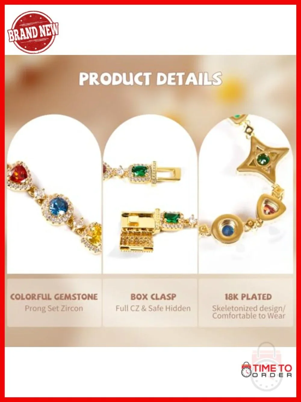 Gold Plated Brass Rainbow Zirconia Hip-Hop Pendant Necklace 22in Unisex